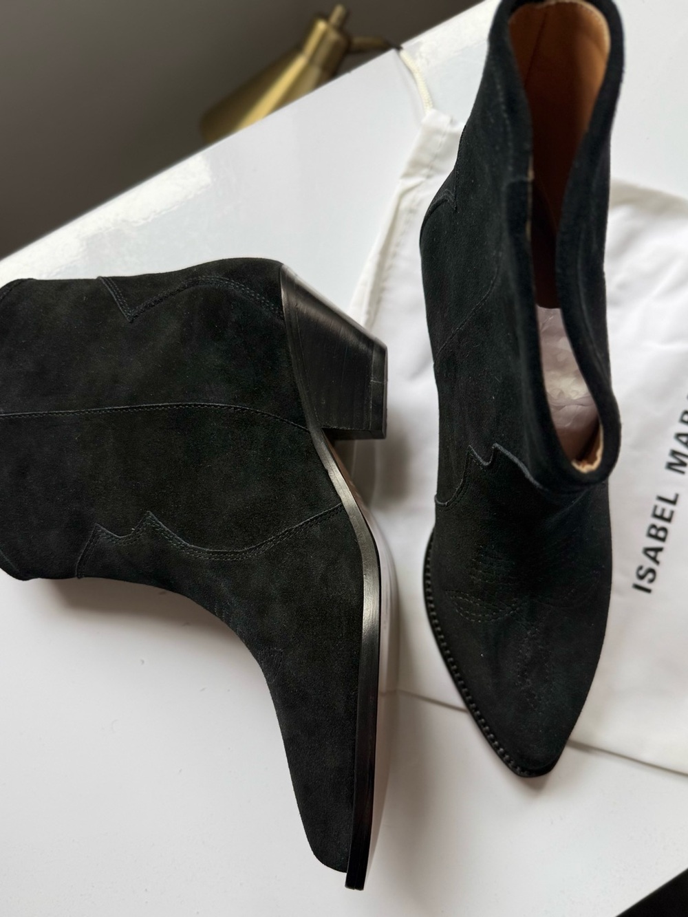 Isabel Marant Black Suede Pointed Western Ankle Booties